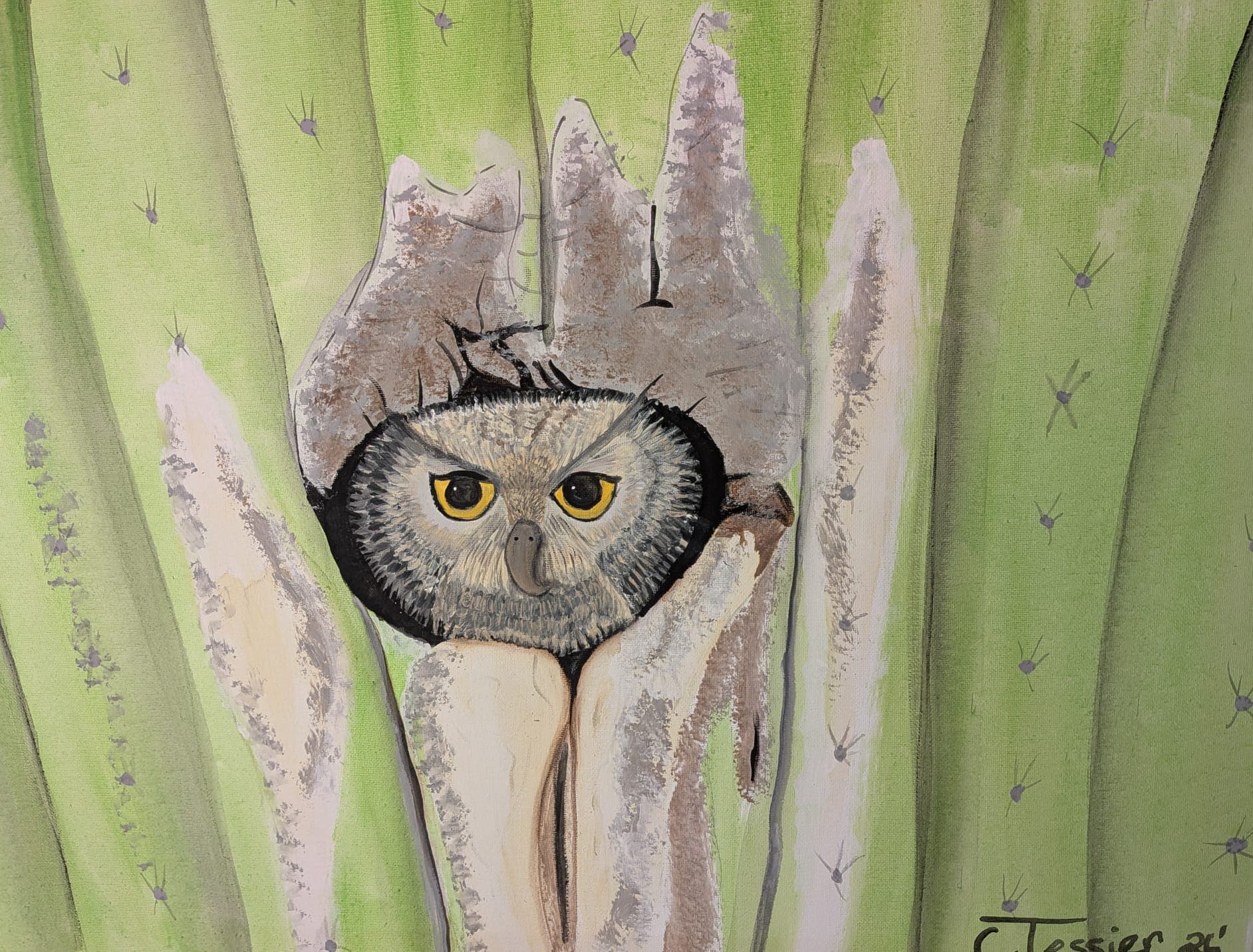 Owl in Cactus, painting by Carol Tessier